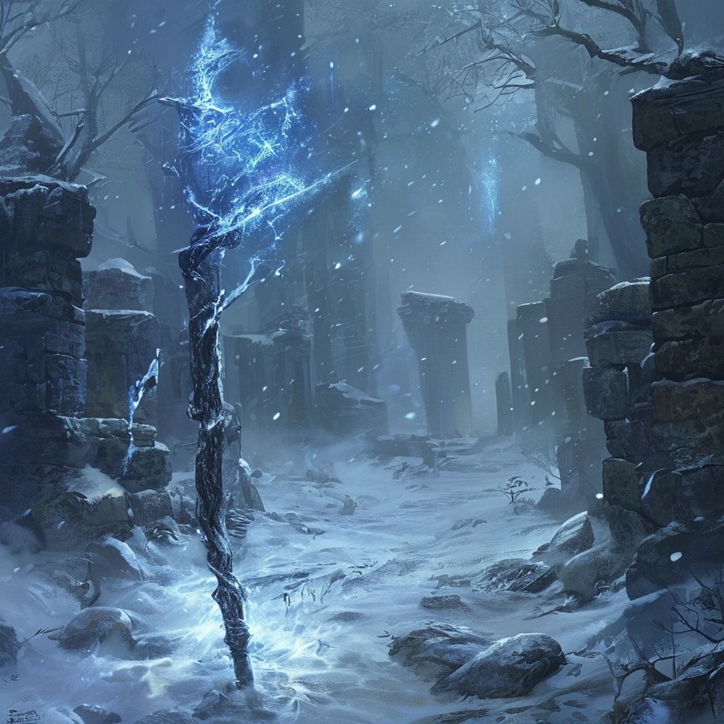 Icy runes shimmer faintly along the staff and in the air around him. Deep blue winter fog surrounds the scene, drifting through snow-covered ground and distant stone ruins