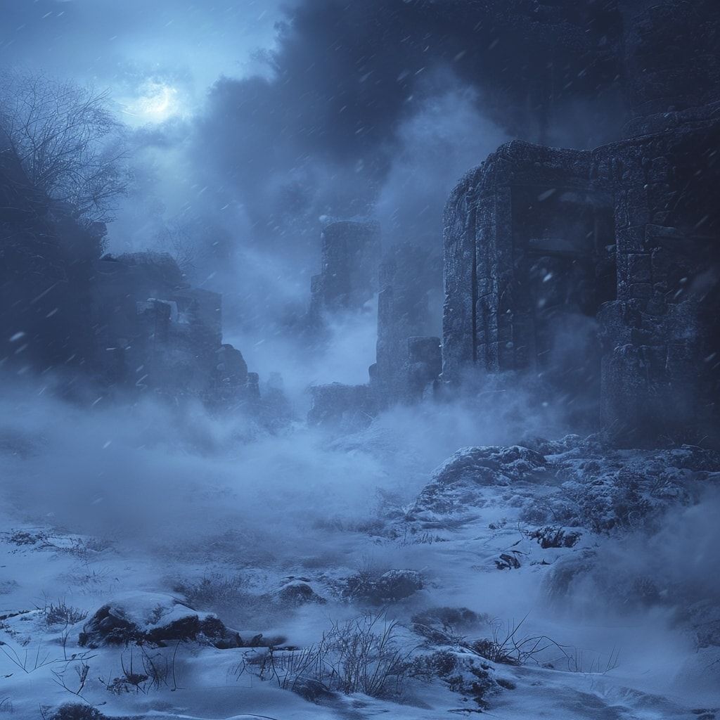 Deep blue winter fog surrounds the scene, drifting through snow-covered ground and distant stone ruins. The atmosphere is cold, mystical, and epic, inspired by Celtic fantasy lore. Cinematic composition, fantasy realism, deep blue and icy color palette, soft diffused moonlight, volumetric fog, subtle snowfall, ancient magic glow, dramatic depth, high detail textures, epic and melancholic mood