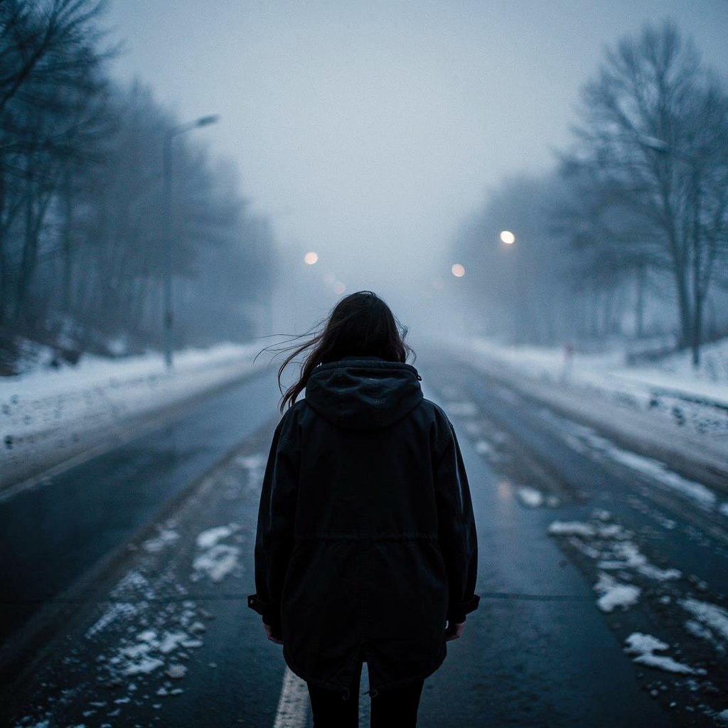 A girl with her back turned stands in a jacket on a winter road, an atmosphere of melancholy, loneliness and blue fog everywhere, as in dark ambient
