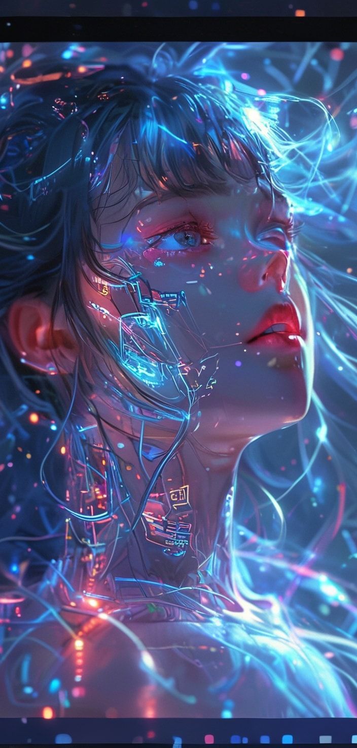 A glowing, ethereal anime girl with neon-blue circuits pulsing through her translucent skin floats in a vast digital void, her oversized kawaii eyes reflecting fractured code. Soft pastel hues blen...