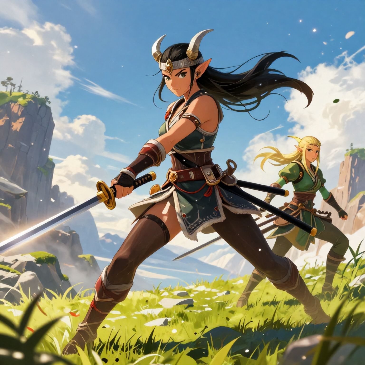 girl viking with girl elf wither landscape warrior samurai katana