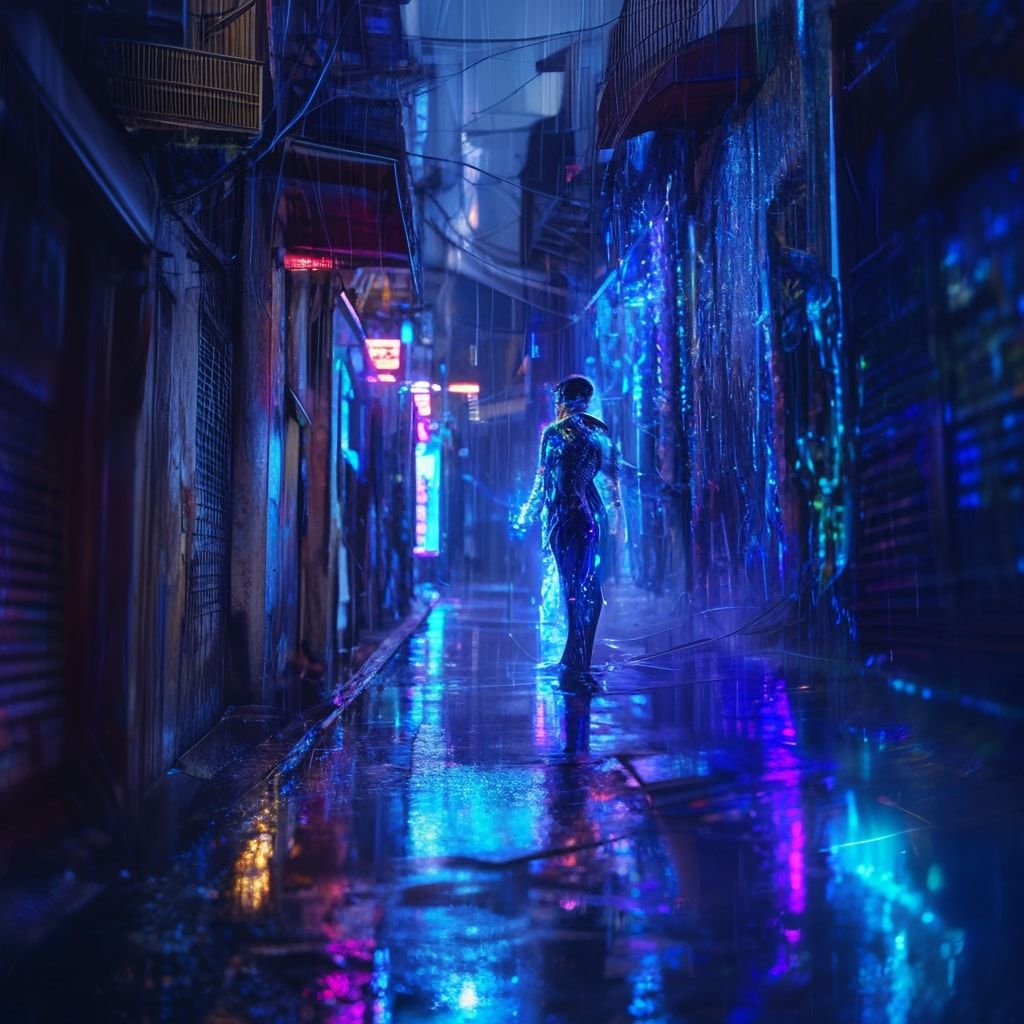 A lone figure in a sleek cybernetic suit interacts with a shimmering holographic interface, glowing with ethereal blue and violet light, suspended in the rain-slicked alleyways of a sprawling neon ...