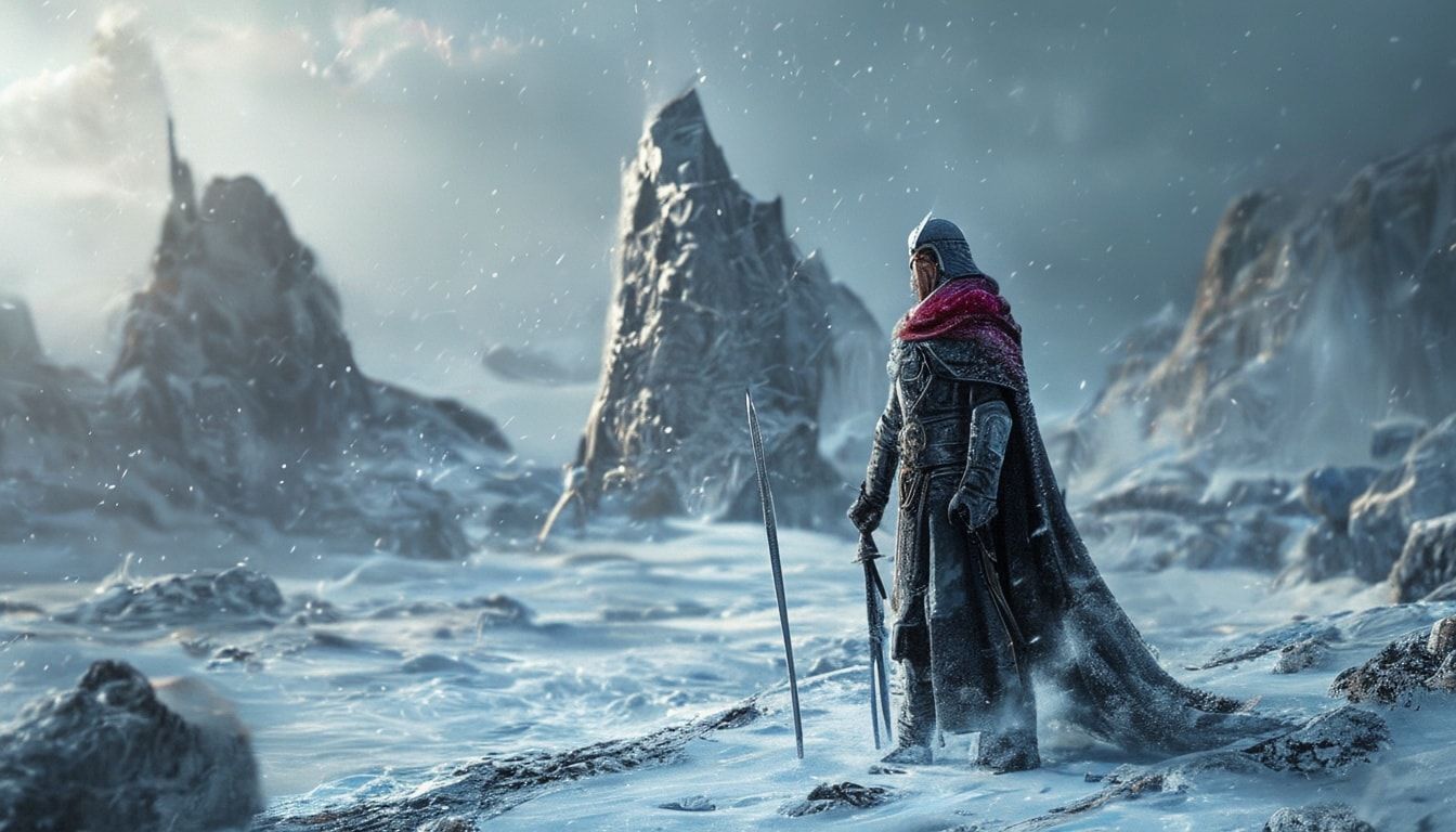 warrior-mage stands in a frozen landscape