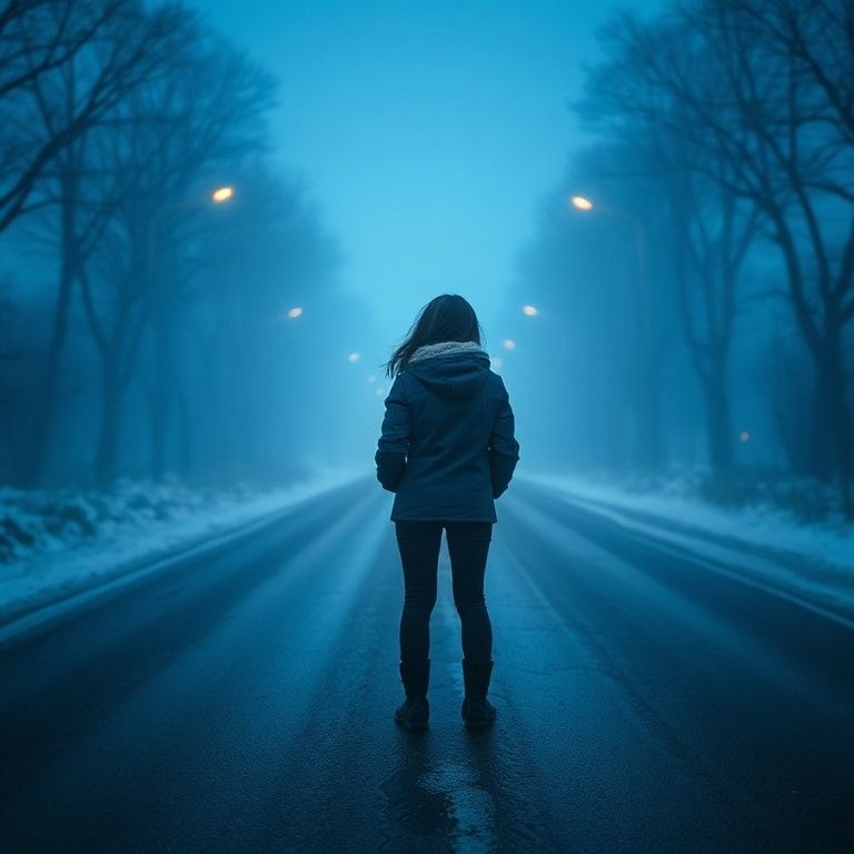 A girl with her back turned stands in a jacket on a winter road, an atmosphere of melancholy, loneliness and blue fog everywhere, as in dark ambient