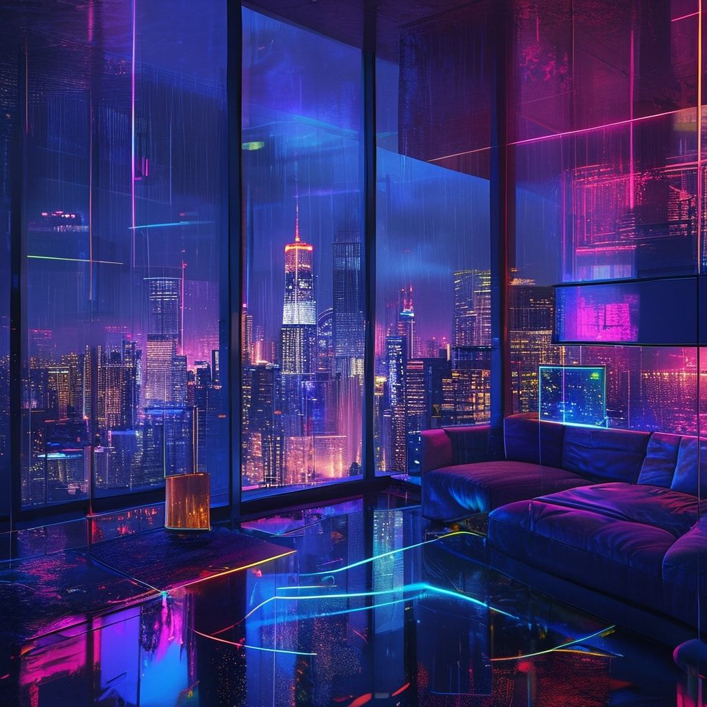 A sleek, high-tech apartment bathed in neon glow, holographic interfaces flickering across glass surfaces, rain-streaked windows reflecting the city’s towering skyline, dim ambient lighting casting...