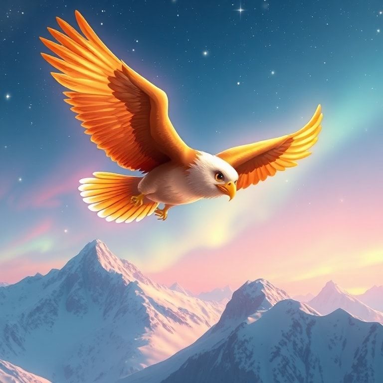 A majestic golden eagle with soft, rounded anime features and oversized, sparkling eyes soars gracefully over snow-capped mountain peaks, its wings glowing with a pastel aurora. The sky is a dreamy...