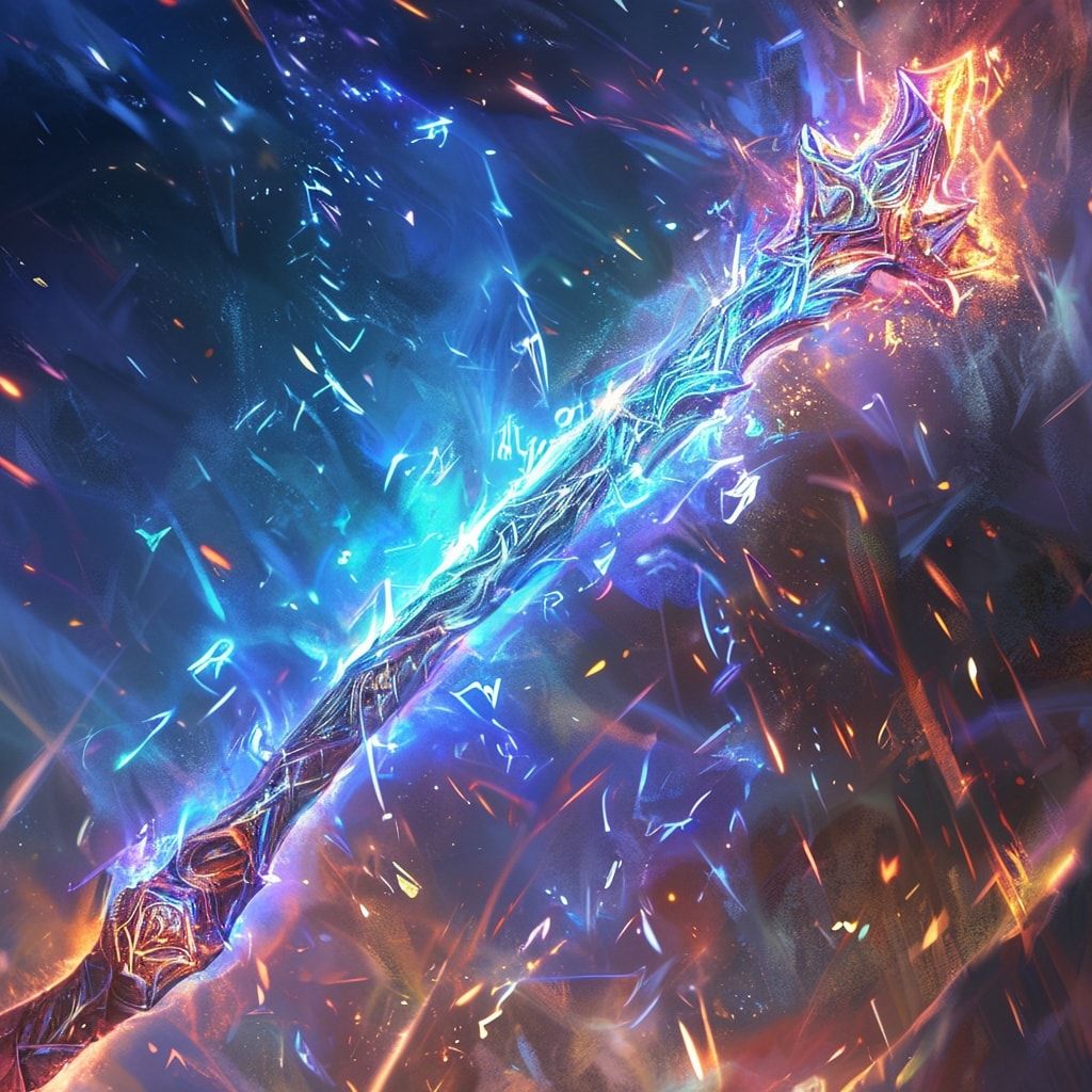 Icy runes shimmer faintly along the staff and in the air around him