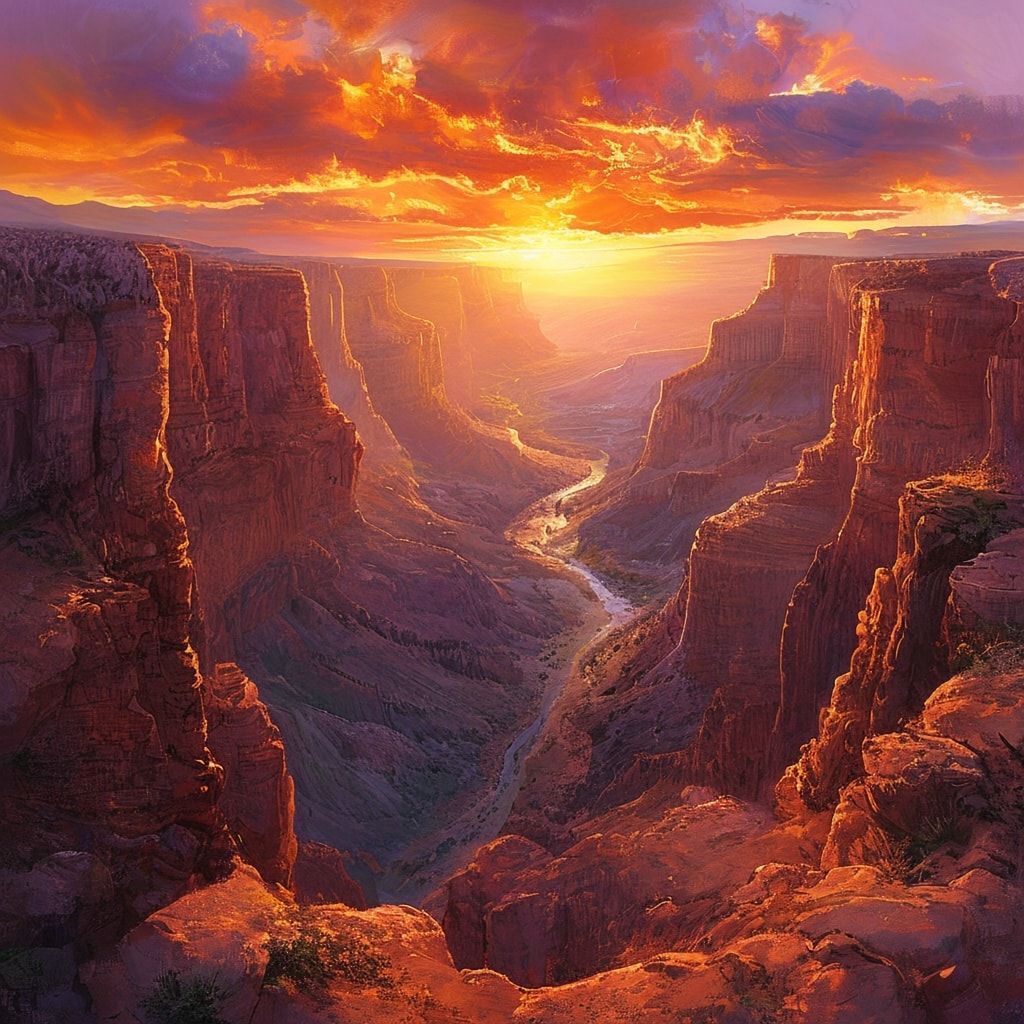 A vast, rugged canyon bathed in the warm, golden glow of a setting sun, its jagged cliffs and winding river illuminated by the soft, diffused light. The sky is a vibrant blend of fiery oranges, dee...