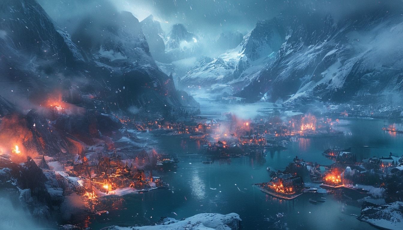 Frost-covered fjord surrounded by snow-capped mountains, Viking settlement with glowing fires, mystical fog rolling through the valley, fantasy atmosphere, detailed, atmospheric