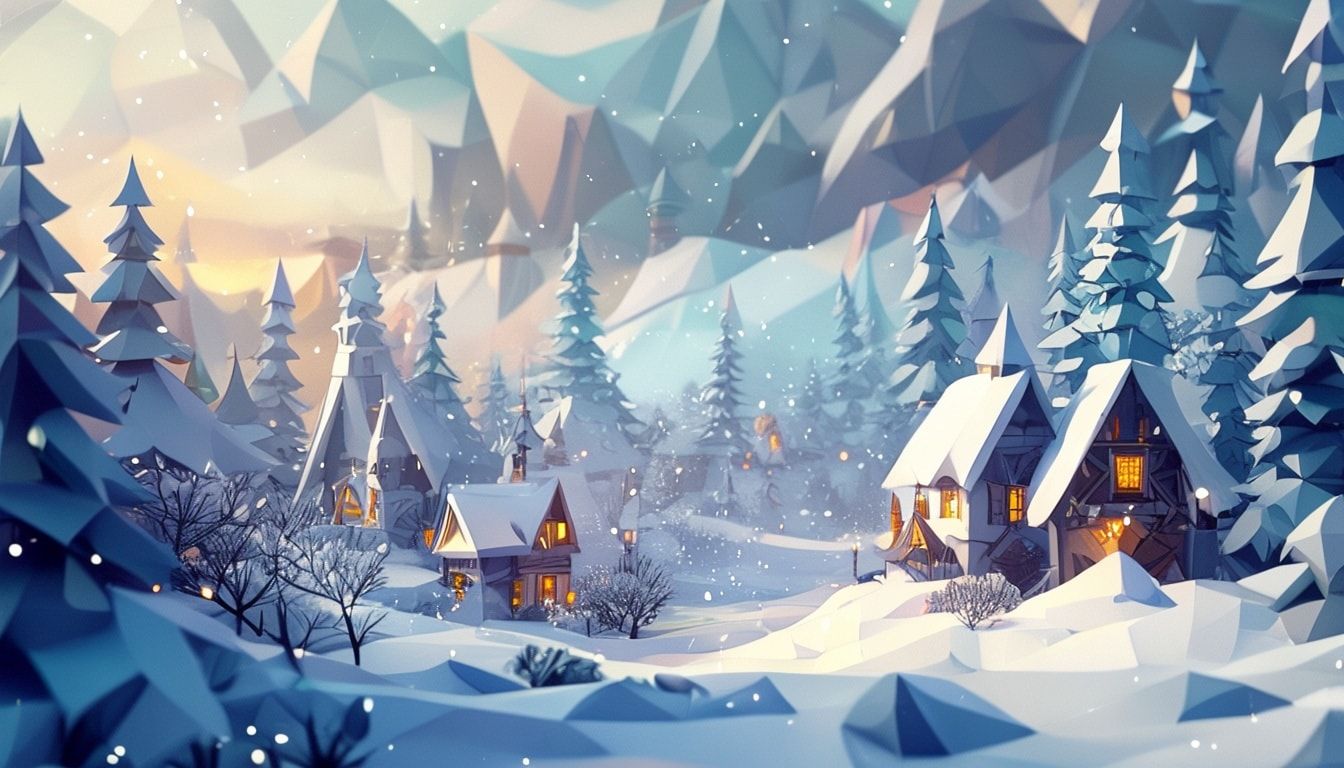 Fantasy landscape low poly winter village