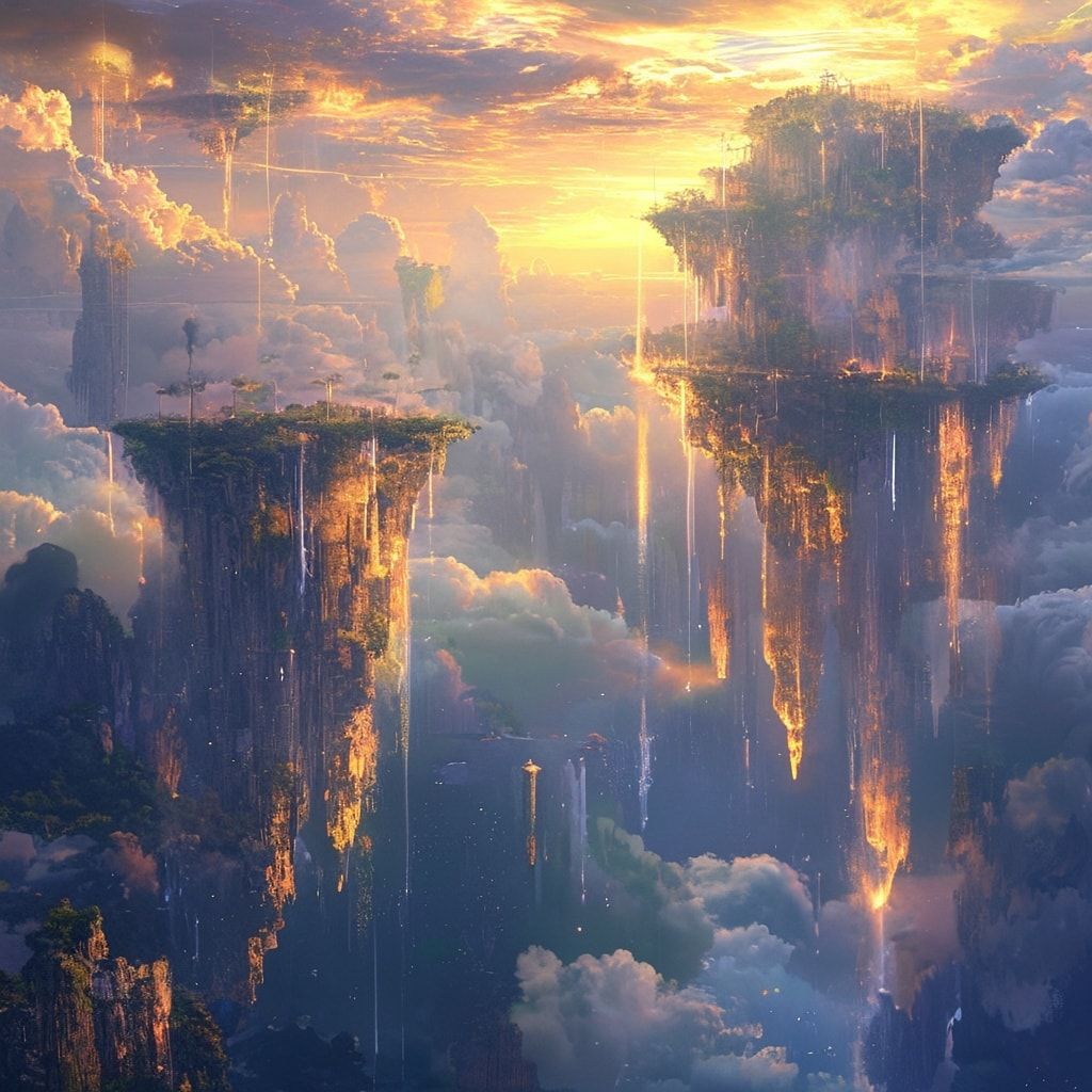 A surrealist dreamscape of floating islands suspended in a twilight sky, their jagged cliffs and cascading waterfalls defying gravity, bathed in ethereal golden light filtering through wispy clouds...