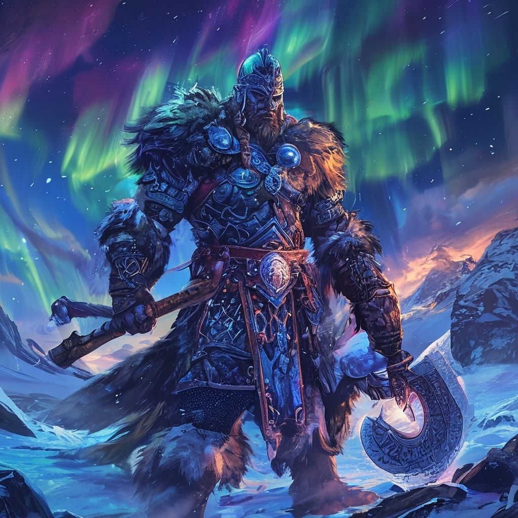 Fierce Viking warrior in fur-lined armor standing in frozen valley, holding glowing runic axe, northern lights in background, fantasy character art, detailed armor, epic pose