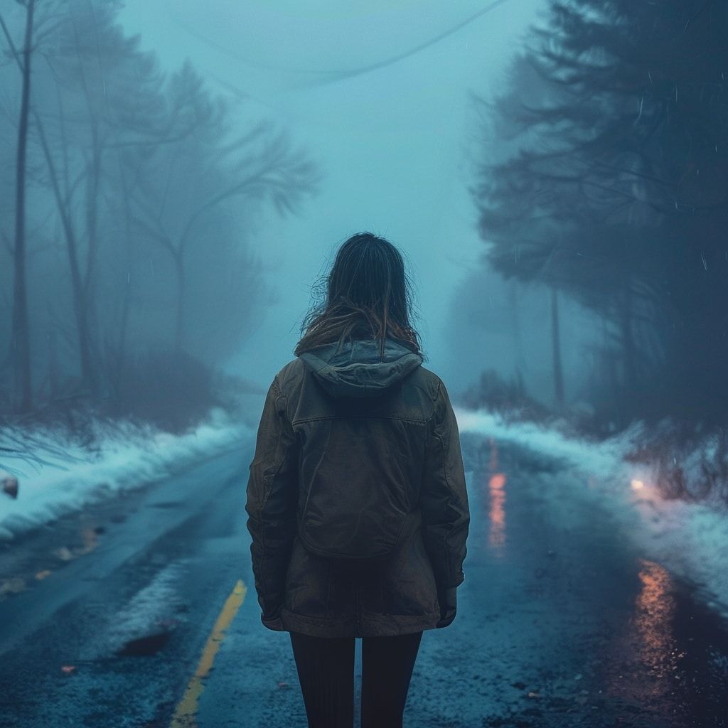 A girl with her back turned stands in a jacket on a winter road, an atmosphere of melancholy, loneliness and blue fog everywhere, as in dark ambient