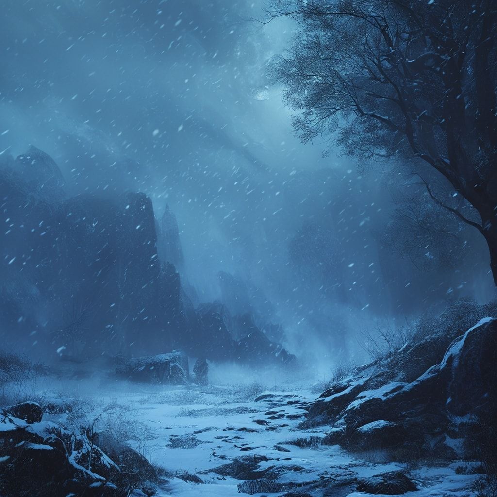 The atmosphere is cold, mystical, and epic, inspired by Celtic fantasy lore. Cinematic composition, fantasy realism, deep blue and icy color palette, soft diffused moonlight, volumetric fog, subtle snowfall, ancient magic glow, dramatic depth, high detail textures, epic and melancholic mood, album cover art.