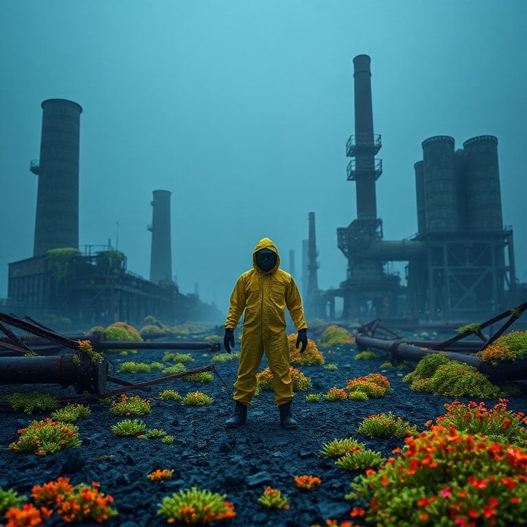 A lone figure in a hazmat suit stands amidst the skeletal remains of a nuclear power plant, bathed in the eerie glow of bioluminescent moss clinging to rusted metal. The minimalist composition emph...