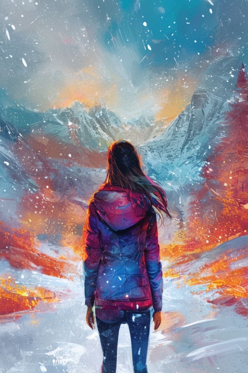 A girl standing with her back to the viewer in a winter ледяная valley. She is looking into the distance.