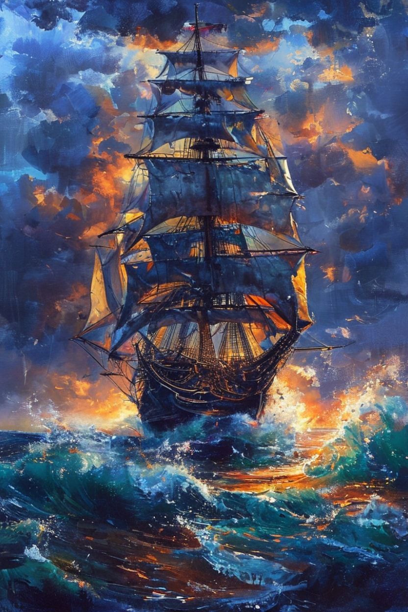 A towering pirate ship with tattered sails battles a raging storm under a bruised twilight sky, waves crashing violently against its weathered hull. Gouache painting style, opaque and vibrant, with...