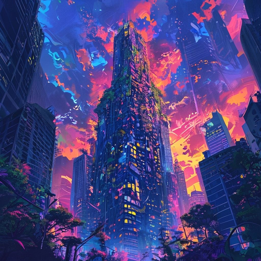A towering, vine-choked skyscraper looms under a neon-lit twilight, its fractured glass reflecting psychedelic hues. Bold pop art strokes exaggerate jagged edges and wild foliage bursting from shat...