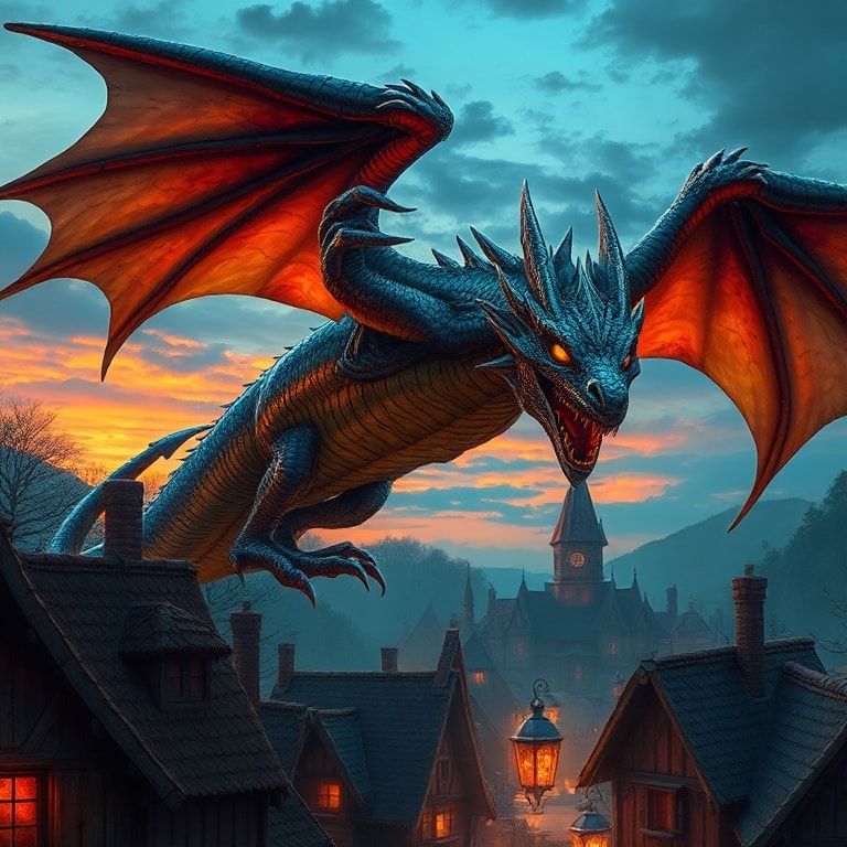 A majestic, iridescent-scaled dragon with glowing amber eyes soars gracefully over a medieval village at dusk, its massive wings casting shifting shadows over thatched roofs and flickering torches....