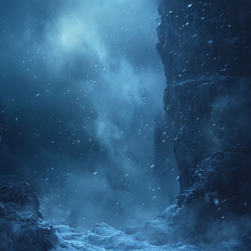 Cinematic composition, fantasy realism, deep blue and icy color palette, soft diffused moonlight, volumetric fog, subtle snowfall, ancient magic glow, dramatic depth, high detail textures, epic and melancholic mood