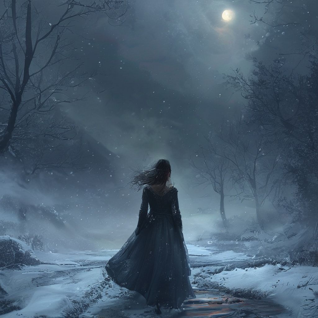A fantasy art illustration of a young woman standing with her back turned, facing away from the viewer, in a frosty valley at night. She stands on a quiet, snow-covered street surrounded by silent, empty roads and pathways. The landscape is enveloped in a mystical fog and hoarfrost, with delicate ice crystals covering everything. The atmosphere is ethereal and magical, with a cold, serene beauty. The scene has a dreamlike fantasy quality, with soft lighting from moonlight filtering through the mist. Detailed, atmospheric, cinematic composition, fantasy art style, high quality, 4k resolution.