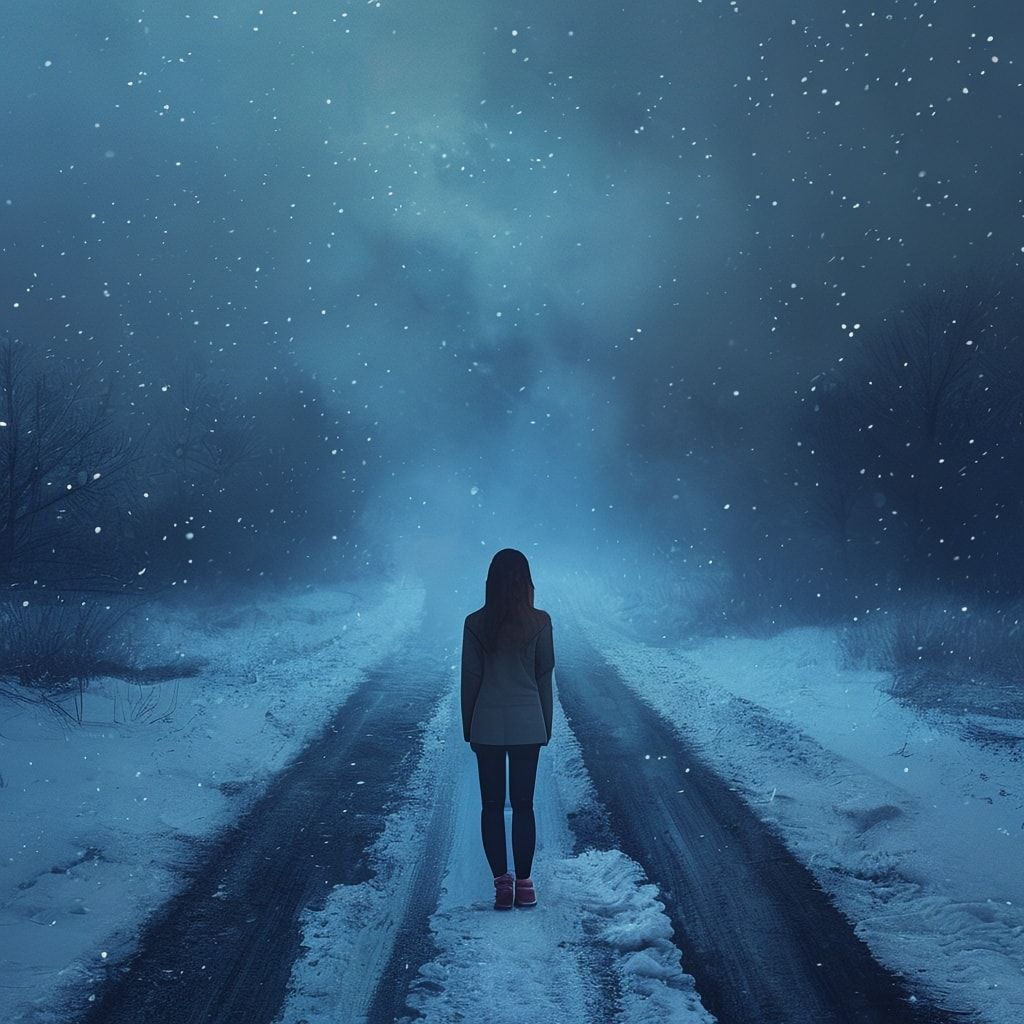 A young woman stands with her back turned, facing away from the viewer, on a desolate winter road covered in fresh snow. The road stretches into the distance, disappearing into a mysterious blue fog that looms ahead, creating an ethereal and atmospheric scene. The ambient lighting is soft and diffused, with cool blue and white tones dominating the palette. Snowflakes gently fall, adding to the dreamlike quality. The fog has a luminous blue glow, creating depth and mystery. The composition is cinematic and moody, with the woman as a silhouette against the winter landscape. The style is ambient and atmospheric, with soft focus and a