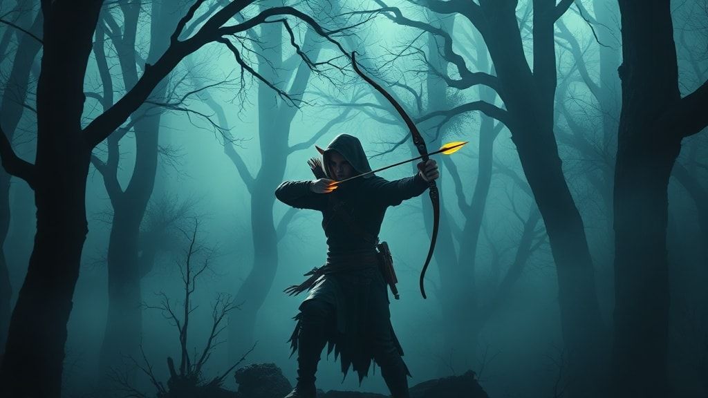 A lone elf archer, cloaked in shadow, draws a glowing arrow in the twilight woods, mist swirling around ancient trees. Noir-style high contrast lighting casts dramatic shadows, emphasizing the arch...