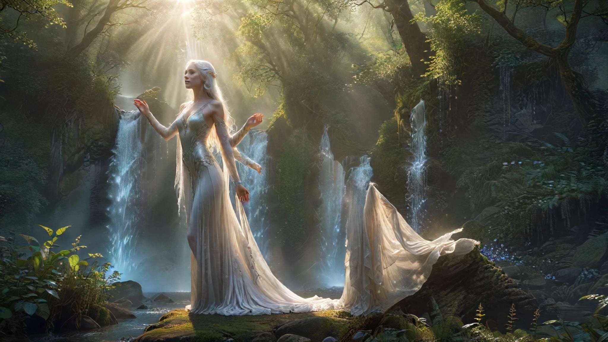 A luminous elven maiden with ethereal silver hair stands poised beside a shimmering waterfall in an enchanted forest glade, her delicate white gown rippling in the mist. Sunlight filters through em...
