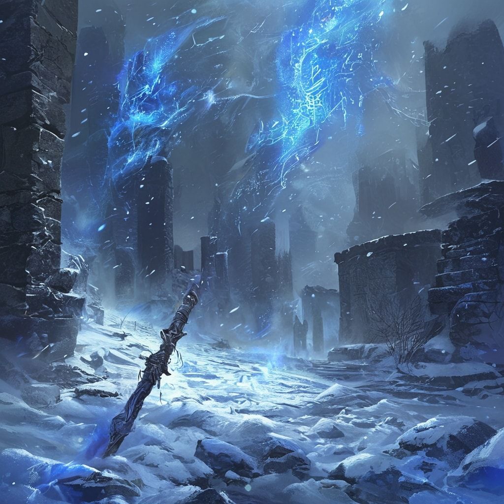 Icy runes shimmer faintly along the staff and in the air around him. Deep blue winter fog surrounds the scene, drifting through snow-covered ground and distant stone ruins