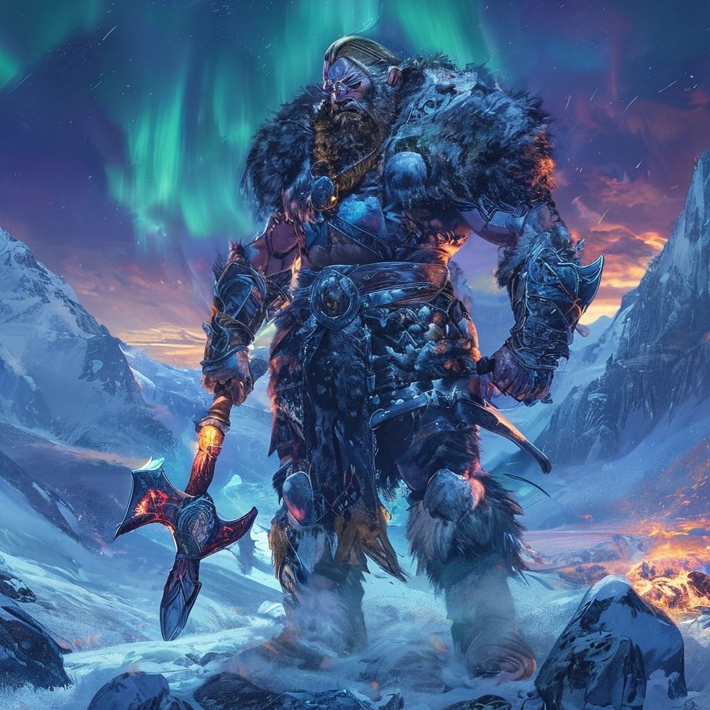 Fierce Viking warrior in fur-lined armor standing in frozen valley, holding glowing runic axe, northern lights in background, fantasy character art, detailed armor, epic pose