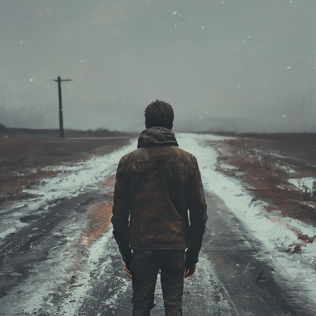 A solitary figure in a worn leather jacket stands motionless on a desolate winter road, her back turned to the viewer, shoulders slightly hunched against the biting cold. The path stretches endless...