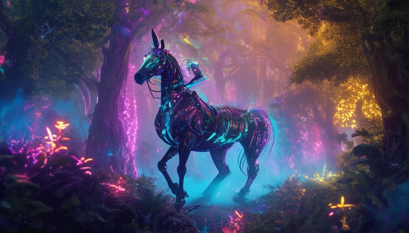 A majestic centaur with iridescent cybernetic enhancements strides through an ancient, neon-lit forest, mist swirling around glowing bioluminescent flora. Retro-futuristic vaporwave aesthetic with ...