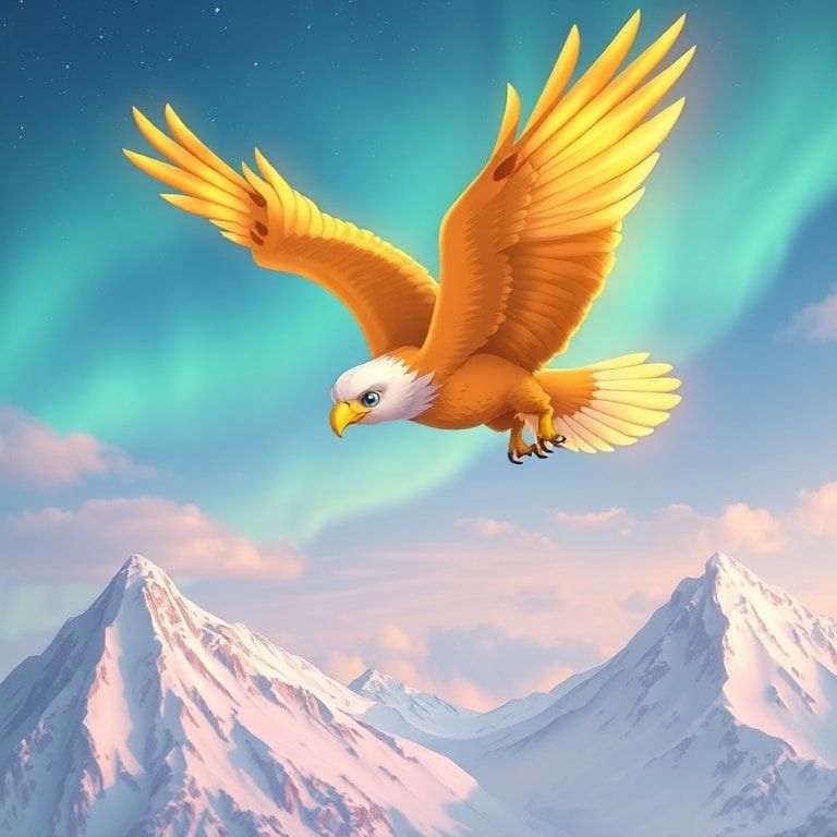 A majestic golden eagle with soft, rounded anime features and oversized, sparkling eyes soars gracefully over snow-capped mountain peaks, its wings glowing with a pastel aurora. The sky is a dreamy...