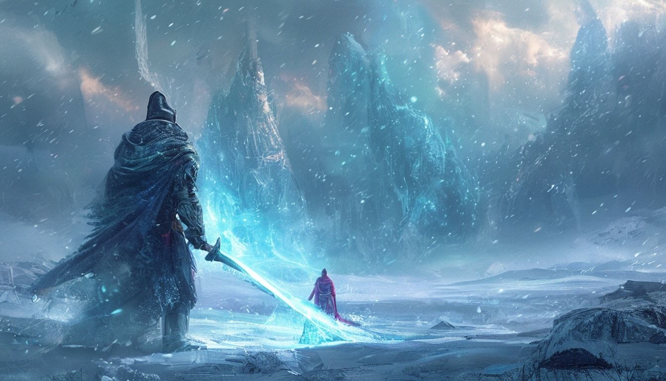 warrior-mage stands in a frozen landscape