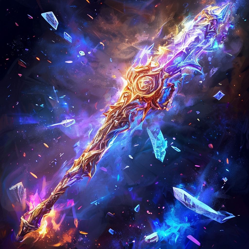 Icy runes shimmer faintly along the staff and in the air around him