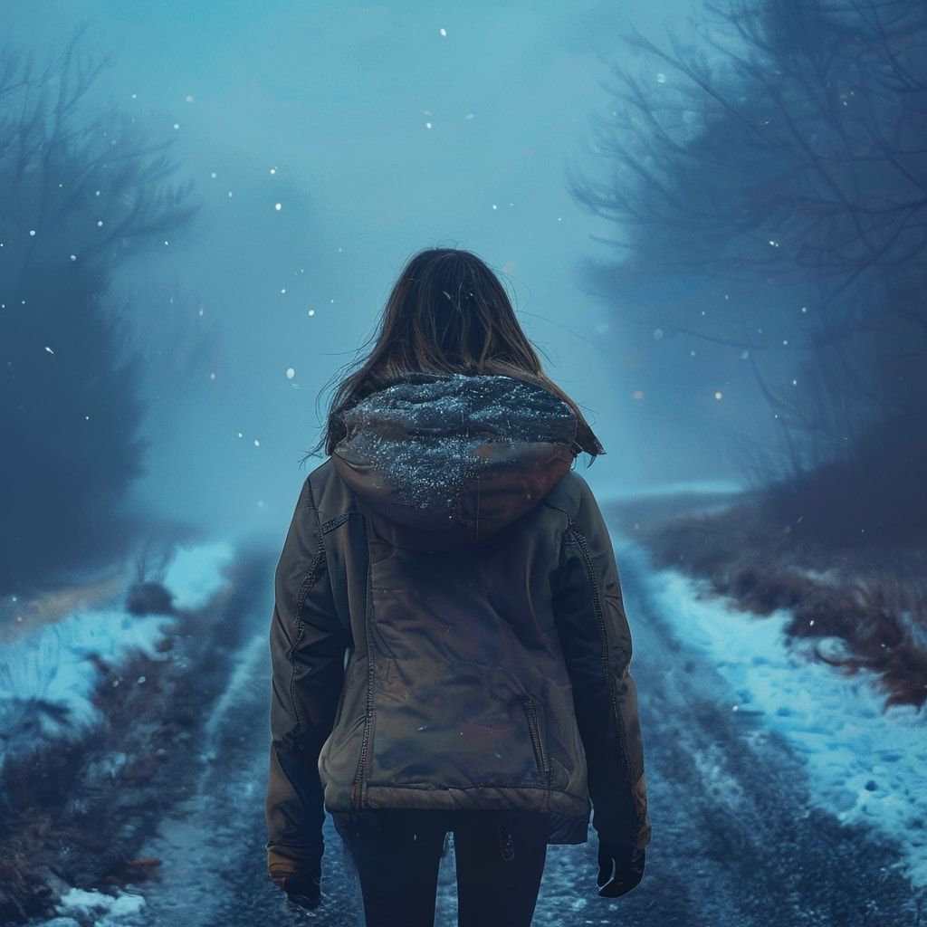 A girl with her back turned stands in a jacket on a winter road, an atmosphere of melancholy, loneliness and blue fog everywhere, as in dark ambient