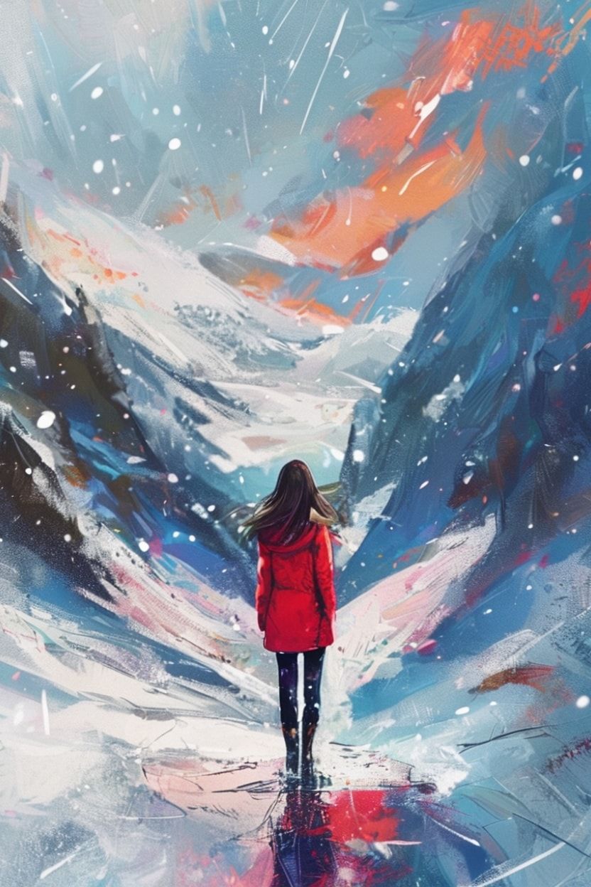 A girl standing with her back to the viewer in a winter ледяная valley. She is looking into the distance.