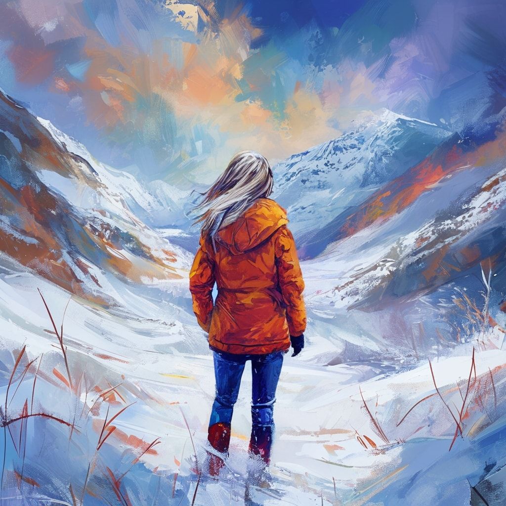 A girl standing with her back to the viewer in a winter ледяная valley. She is looking into the distance.