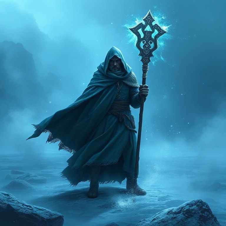 A lone Celtic warrior-mage stands in a frozen wasteland, his glowing staff carved with ancient runes casting an eerie light through the swirling blue mist. His heavy cloak billows in the icy wind, ...