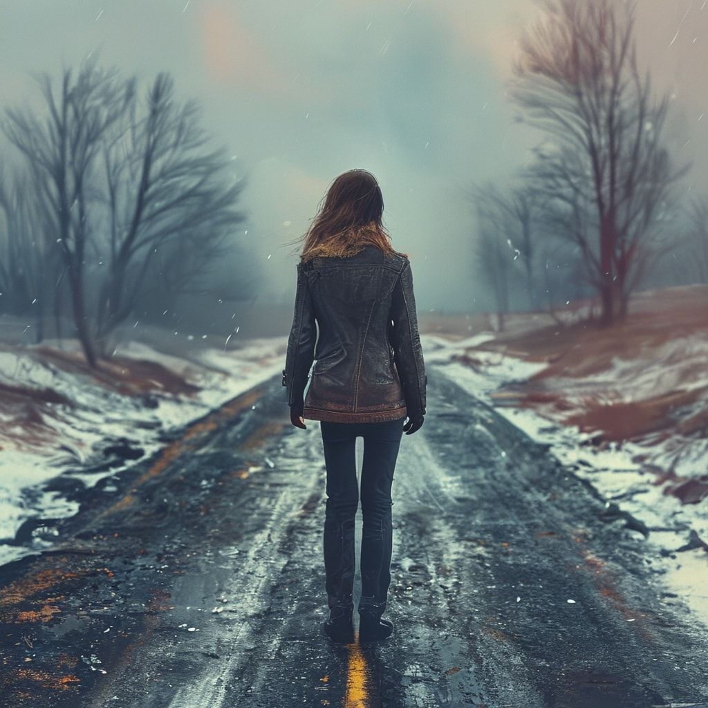 A solitary figure girl in a worn leather jacket stands motionless on a desolate winter road, her back turned to the viewer, shoulders slightly hunched against the biting cold. The path stretches endless...