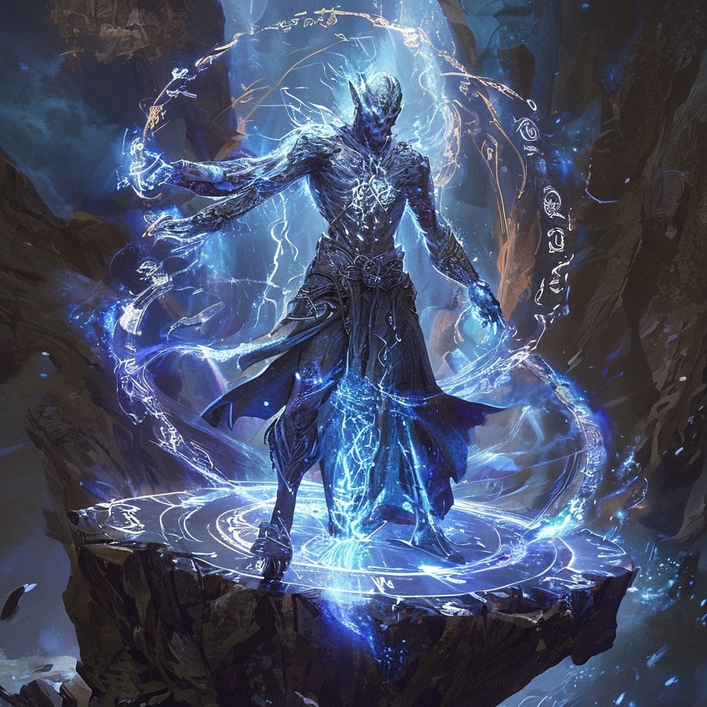 A majestic, ancient elven sorcerer with glowing runes etched into their silver bark-like skin stands atop a floating obsidian platform, weaving arcane energy into a shimmering portal. The scene unf...