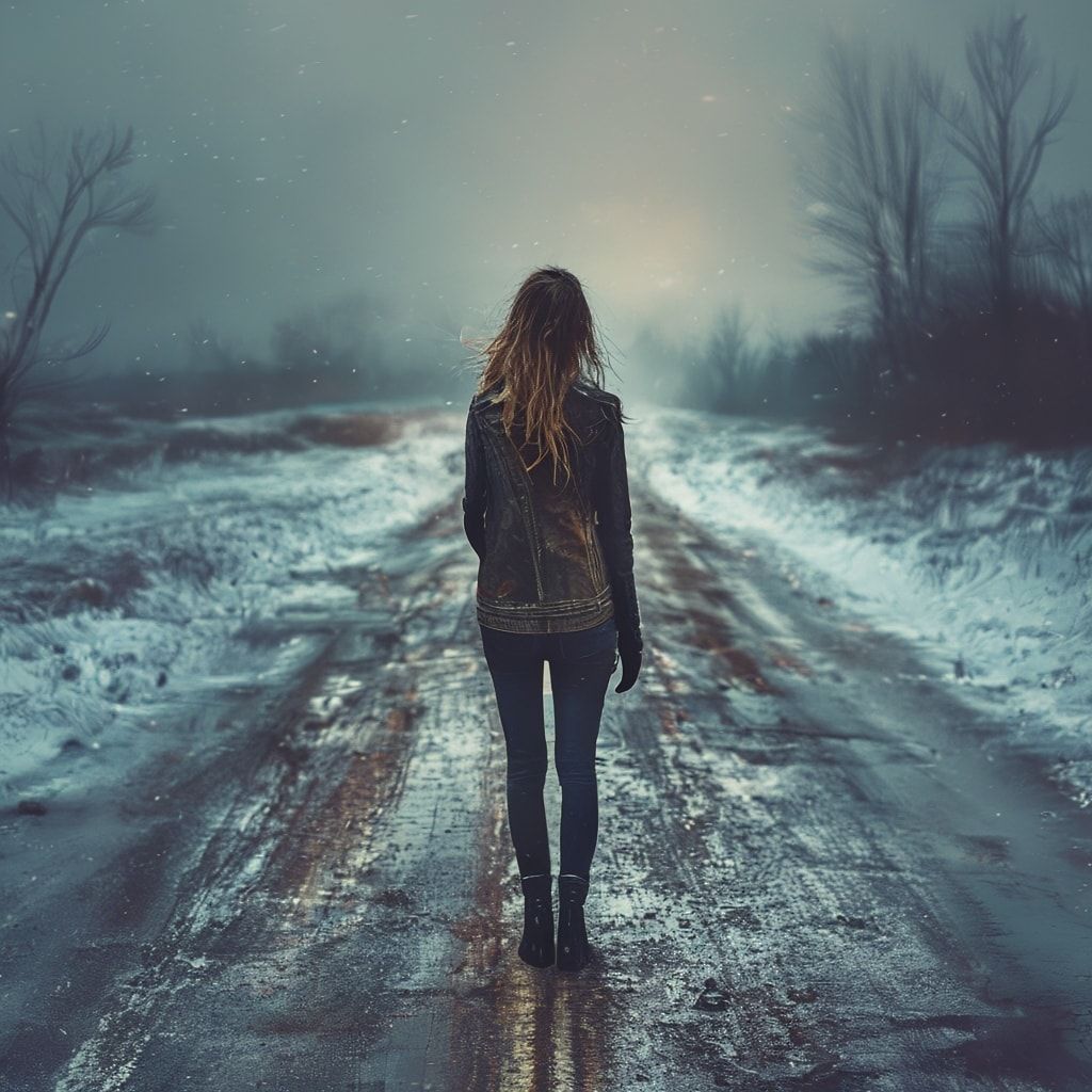 A solitary figure girl in a worn leather jacket stands motionless on a desolate winter road, her back turned to the viewer, shoulders slightly hunched against the biting cold. The path stretches endless...