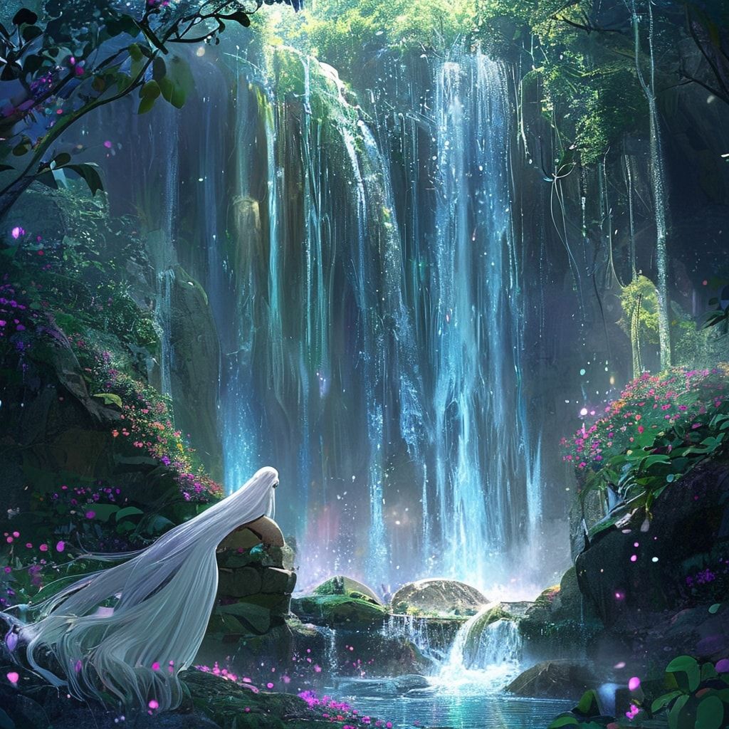Elven sacred waterfall fantasy landscape, beautiful elven maiden with long flowing silver hair standing gracefully near mystical waterfall in sacred grove, crystal-clear water cascading down ancient rocks, rainbow mist rising from waterfall, ethereal light filtering through ancient trees, glowing flowers surrounding the sacred pool, mystical energy particles floating in air, ancient elven architecture visible in background, ethereal blue and green lighting, magical atmosphere, cinematic composition, cartoon style, anime art style, fantasy art style, peaceful and mystical mood, detailed and atmospheric, mystical glowing vines, dewdrops on leaves, elegant elven woman in flowing white dress, serene expression, ethereal beauty, animated style, vibrant colors