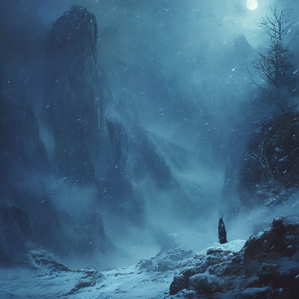 The atmosphere is cold, mystical, and epic, inspired by Celtic fantasy lore. Cinematic composition, fantasy realism, deep blue and icy color palette, soft diffused moonlight, volumetric fog, subtle snowfall, ancient magic glow, dramatic depth, high detail textures, epic and melancholic mood, album cover art.