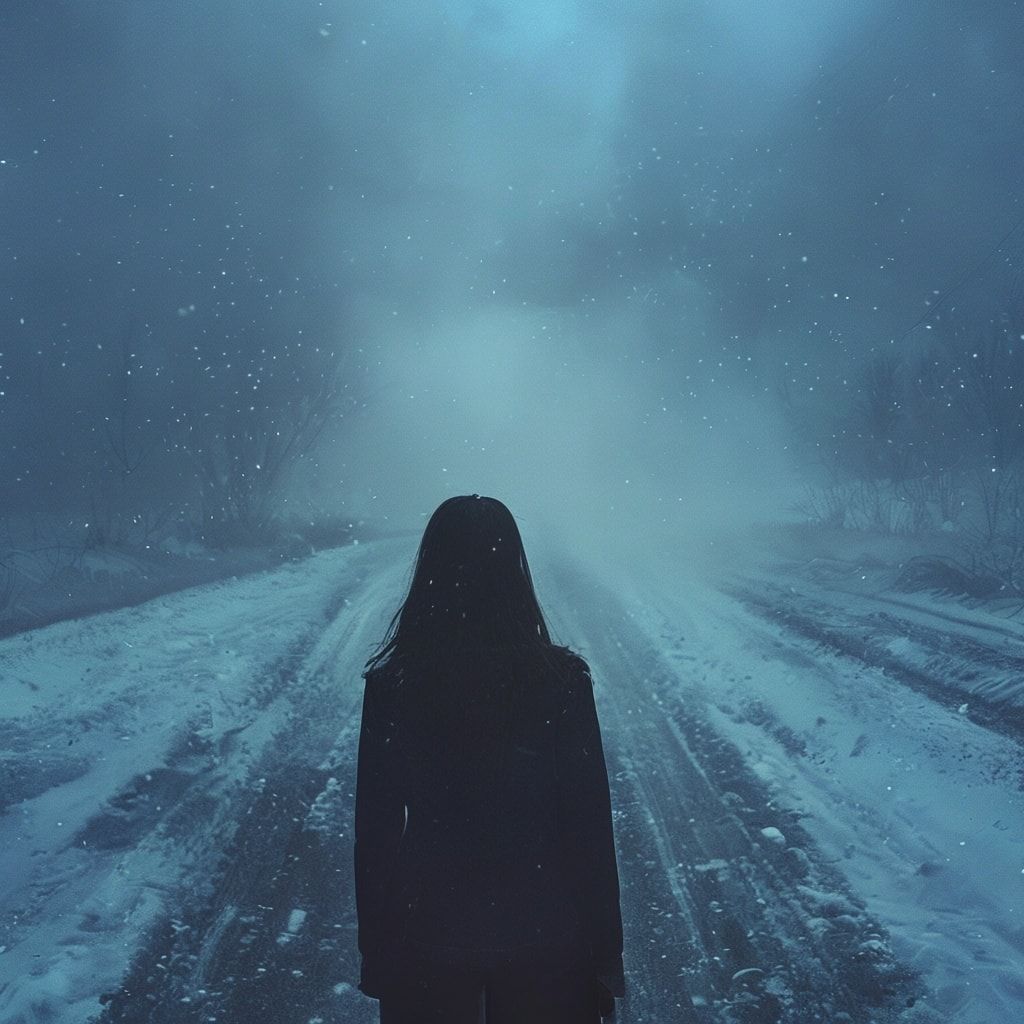 A young woman stands with her back turned, facing away from the viewer, on a desolate winter road covered in fresh snow. The road stretches into the distance, disappearing into a mysterious blue fog that looms ahead, creating an ethereal and atmospheric scene. The ambient lighting is soft and diffused, with cool blue and white tones dominating the palette. Snowflakes gently fall, adding to the dreamlike quality. The fog has a luminous blue glow, creating depth and mystery. The composition is cinematic and moody, with the woman as a silhouette against the winter landscape. The style is ambient and atmospheric, with soft focus and a