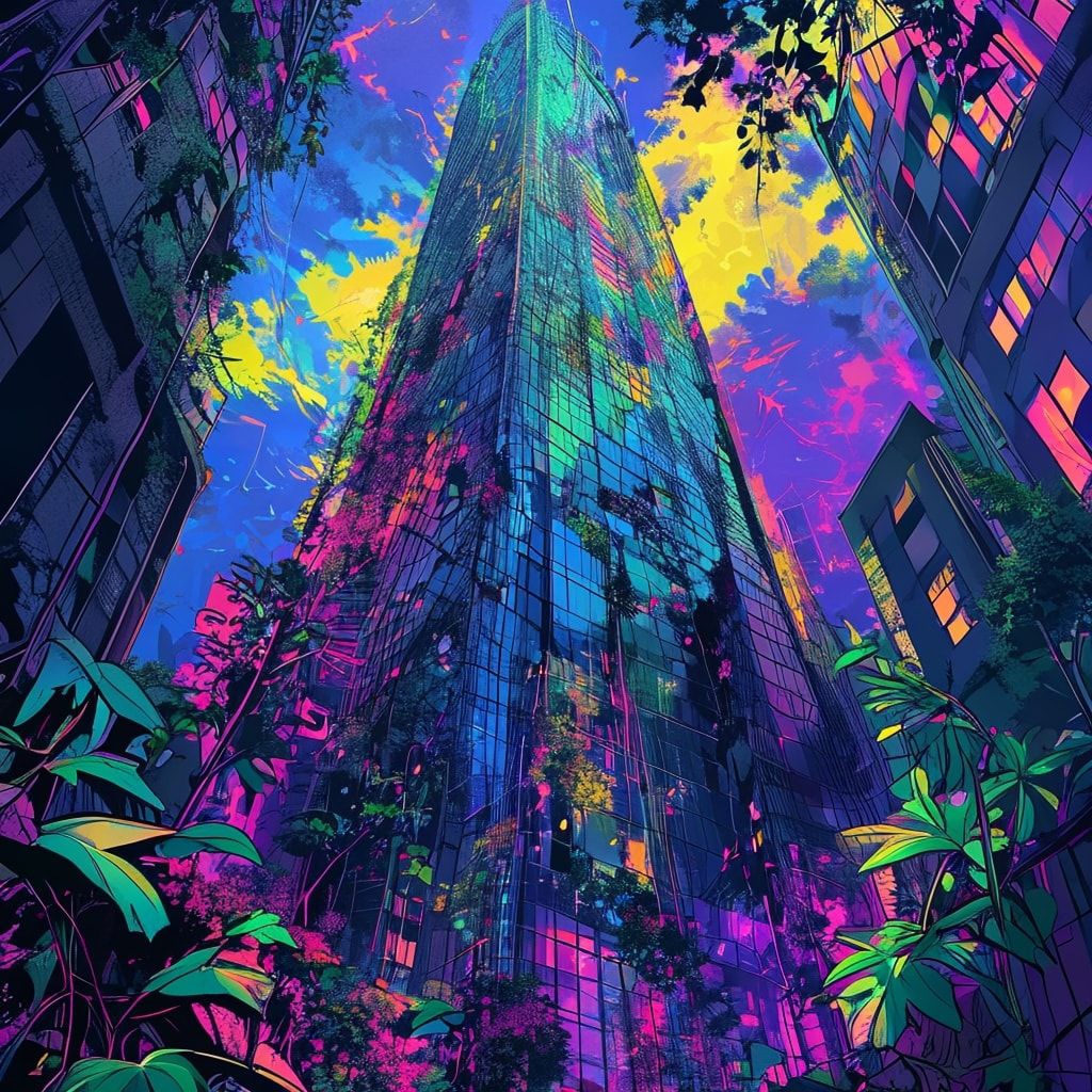 A towering, vine-choked skyscraper looms under a neon-lit twilight, its fractured glass reflecting psychedelic hues. Bold pop art strokes exaggerate jagged edges and wild foliage bursting from shat...