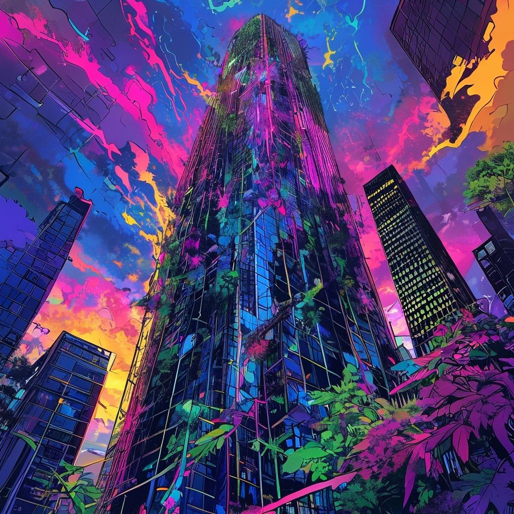 A towering, vine-choked skyscraper looms under a neon-lit twilight, its fractured glass reflecting psychedelic hues. Bold pop art strokes exaggerate jagged edges and wild foliage bursting from shat...