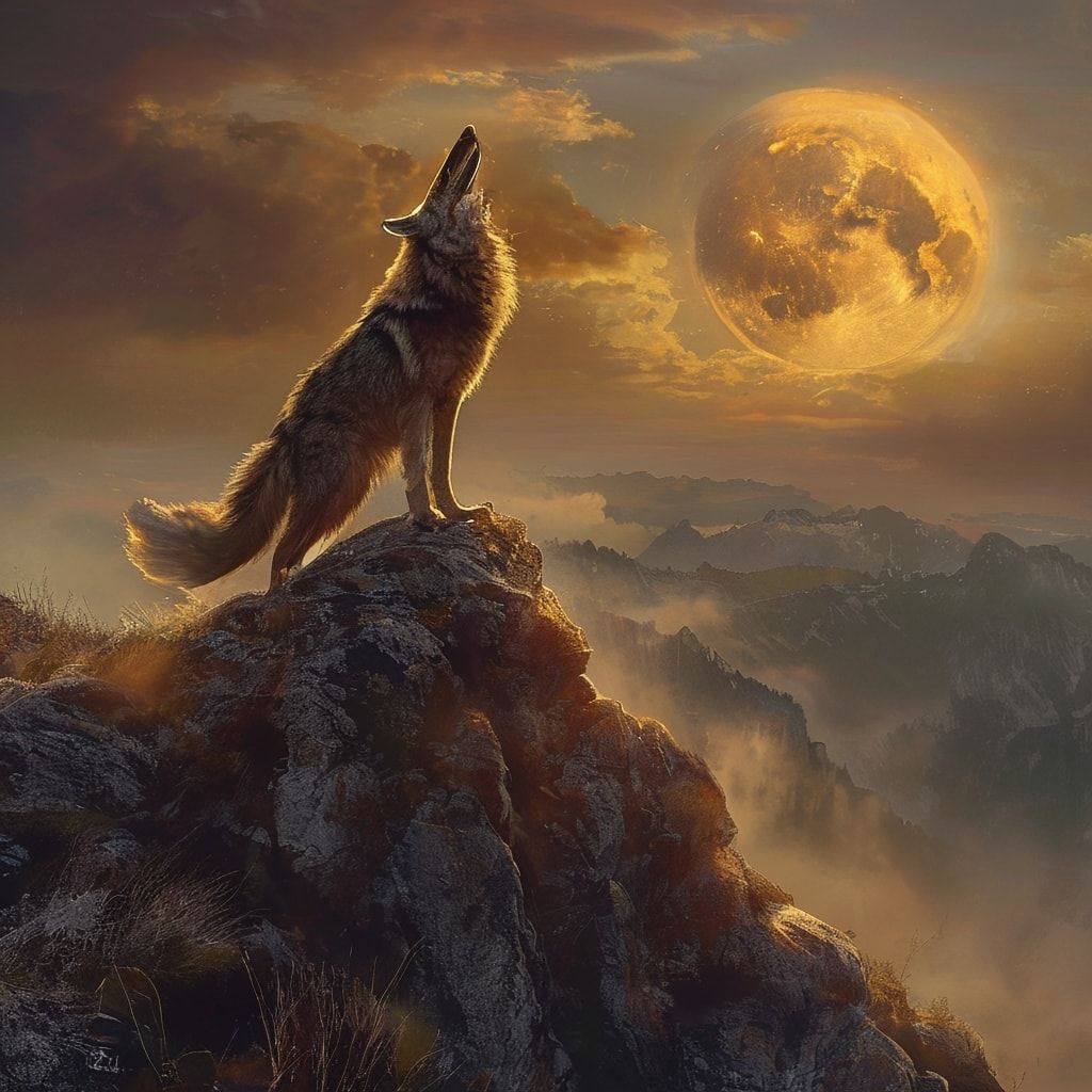 A majestic lone wolf stands atop a misty mountain ridge, head tilted back in a powerful howl under a glowing full moon, golden hour sunlight casting warm hues across the rugged landscape, vibrant a...
