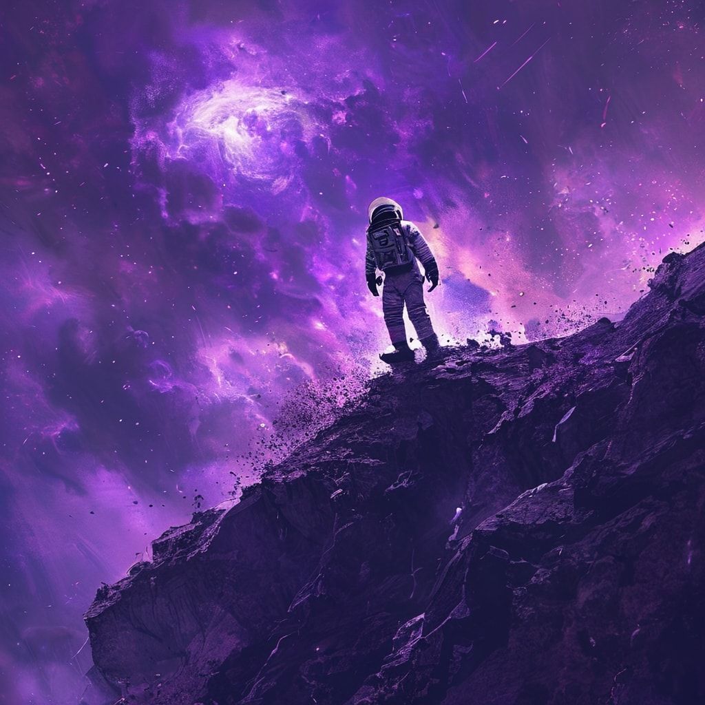 A lone astronaut in a battered, oxygen-deprived suit stands precariously on the fractured edge of an alien mesa, silhouetted against the abyss as a colossal cosmic storm churns below, its violet te...