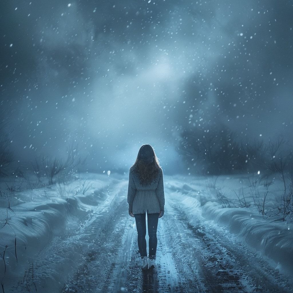 A young woman stands with her back turned, facing away from the viewer, on a desolate winter road covered in fresh snow. The road stretches into the distance, disappearing into a mysterious blue fog that looms ahead, creating an ethereal and atmospheric scene. The ambient lighting is soft and diffused, with cool blue and white tones dominating the palette. Snowflakes gently fall, adding to the dreamlike quality. The fog has a luminous blue glow, creating depth and mystery. The composition is cinematic and moody, with the woman as a silhouette against the winter landscape. The style is ambient and atmospheric, with soft focus and a